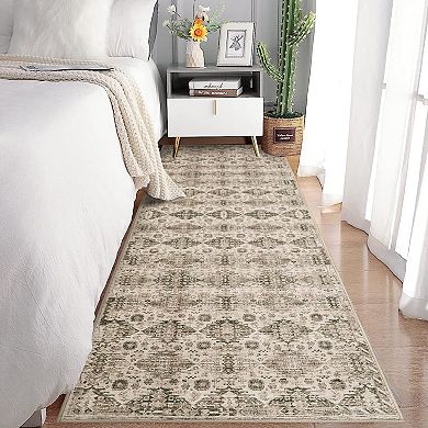 Washable Runner Rug, Vintage Floral Retro Boho Geometric, Non-Slip Low Pile Carpet for Home Spaces