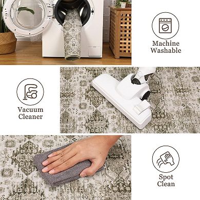 Washable Runner Rug, Vintage Floral Retro Boho Geometric, Non-Slip Low Pile Carpet for Home Spaces