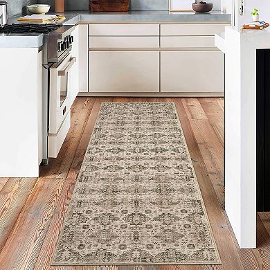 Washable Runner Rug, Vintage Floral Retro Boho Geometric, Non-Slip Low Pile Carpet for Home Spaces