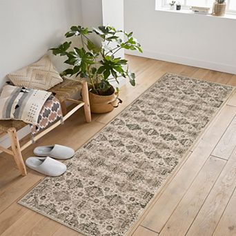 Washable Runner Rug, Vintage Floral Retro Boho Geometric, Non-Slip Low Pile Carpet for Home Spaces