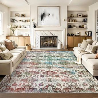 Washable Runner Rug, Vintage Floral Retro Boho Geometric, Non-Slip Low Pile Carpet for Home Spaces