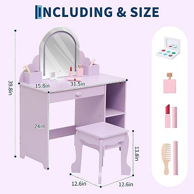 Vanity Table & Stool Set - Wooden Makeup Desk with Storage Drawer & Shelves