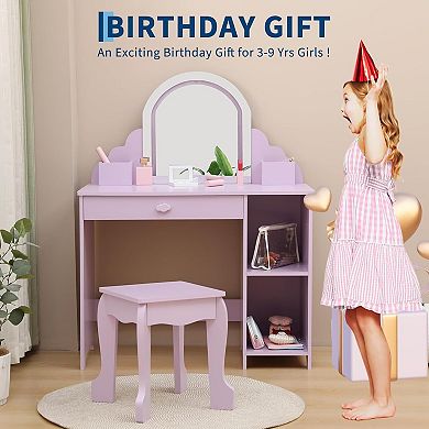 Vanity Table & Stool Set - Wooden Makeup Desk with Storage Drawer & Shelves