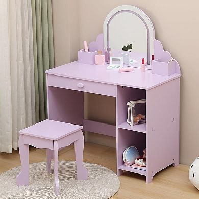 Vanity Table & Stool Set - Wooden Makeup Desk with Storage Drawer & Shelves