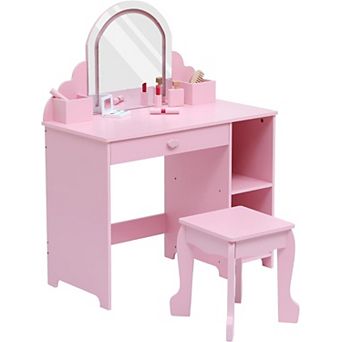 Vanity Table & Stool Set - Wooden Makeup Desk with Storage Drawer & Shelves