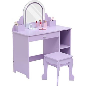 Vanity Table & Stool Set - Wooden Makeup Desk with Storage Drawer & Shelves