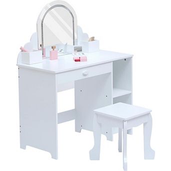 Vanity Table & Stool Set - Wooden Makeup Desk with Storage Drawer & Shelves