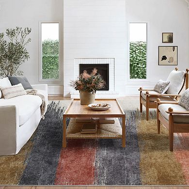 Washable Modern Distressed Rug - Soft Low-Pile with Rubber Backing for Home