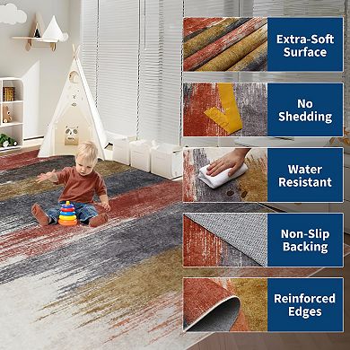 Washable Modern Distressed Rug - Soft Low-Pile with Rubber Backing for Home