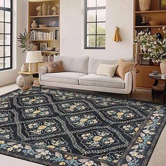 Washable Non-Slip Retro Bordered Rug - Low Pile Carpet for Home