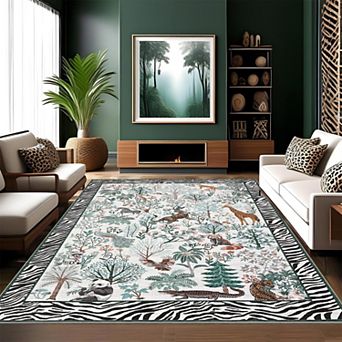 Washable Jungle Animal/Botanical Rug - Stain-Resistant Low Pile Carpet for Home