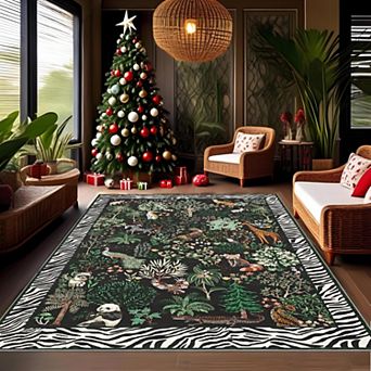 Washable Jungle Animal/Botanical Rug - Stain-Resistant Low Pile Carpet for Home