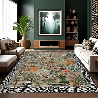 Washable Jungle Animal/Botanical Rug - Stain-Resistant Low Pile Carpet for Home