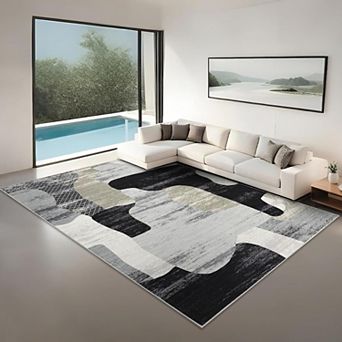Washable Color Block Abstract Rug, Non-Slip Foldable Carpet for Living Room, Bedroom and Playroom