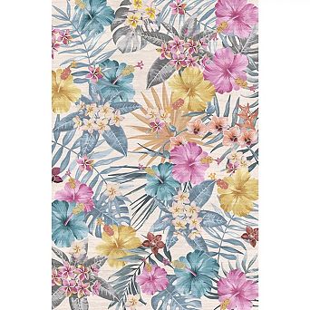 Washable Non-Slip Low-Pile Boho Floral Area Rug for Bedroom