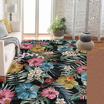 Washable Non-Slip Low-Pile Boho Floral Area Rug for Bedroom