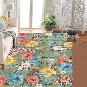 Washable Non-Slip Low-Pile Boho Floral Area Rug for Bedroom