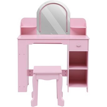 Vanity Table & Stool Set, Wooden Makeup Desk with Bookshelf, Drawer & Open Shelves