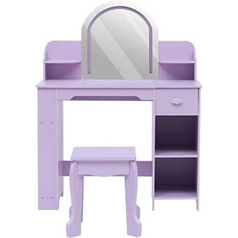 Vanity Table & Stool Set, Wooden Makeup Desk with Bookshelf, Drawer & Open Shelves