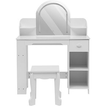 Vanity Table & Stool Set, Wooden Makeup Desk with Bookshelf, Drawer & Open Shelves