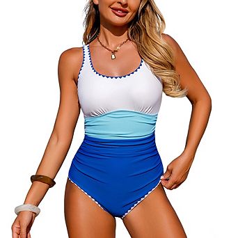 Women Color Block One Piece Swimsuit High Waisted Tummy Control Bathing Suit
