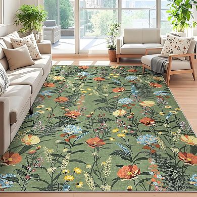 Ultra Soft Low Pile Modern Floral Accent Carpet, Non Slip & Non-Shedding