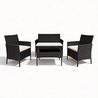 4 pc Outdoor Wicker Seating Set with Loveseat, 2 Chairs & Glass Table, for Porch or Garden