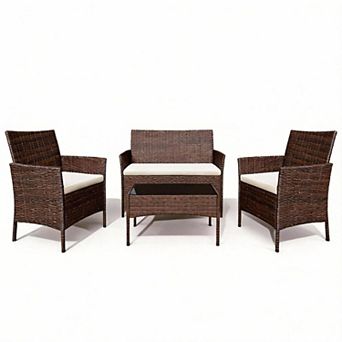 4 pc Outdoor Wicker Seating Set with Loveseat, 2 Chairs & Glass Table, for Porch or Garden