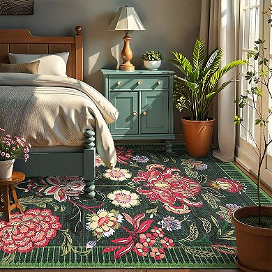 Vintage Boho Floral Washable Rug for Living Room, Low Pile Carpet Bedroom