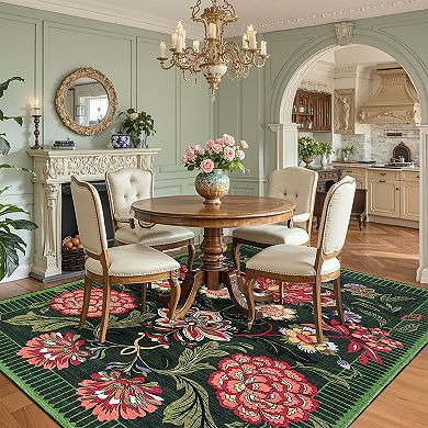 Vintage Boho Floral Washable Rug for Living Room, Low Pile Carpet Bedroom