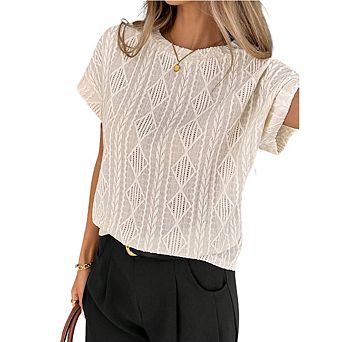 Women Eyelet Knit Blouse Batwing Short Sleeve Crew Neck Loose Fit Casual Top
