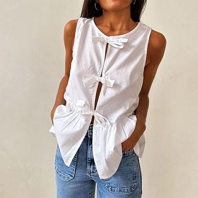 Women Sleeveless Tie Front Peplum Blouse Bow Ruffle Hem Tank Top