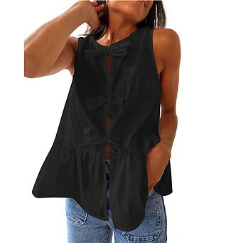 Women Sleeveless Tie Front Peplum Blouse Bow Ruffle Hem Tank Top