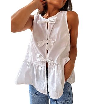 Women Sleeveless Tie Front Peplum Blouse Bow Ruffle Hem Tank Top