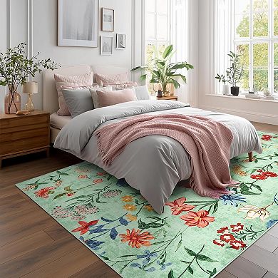 Vintage Floral Washable Rug, Low Pile Soft Non Slip Area Carpet