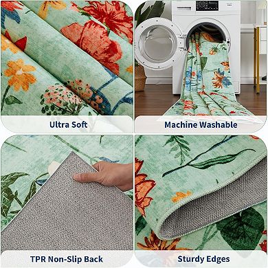 Vintage Floral Washable Rug, Low Pile Soft Non Slip Area Carpet
