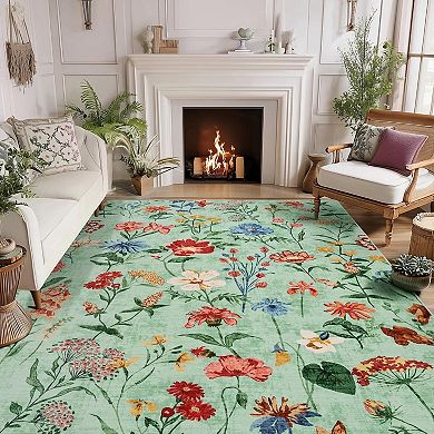 Vintage Floral Washable Rug, Low Pile Soft Non Slip Area Carpet