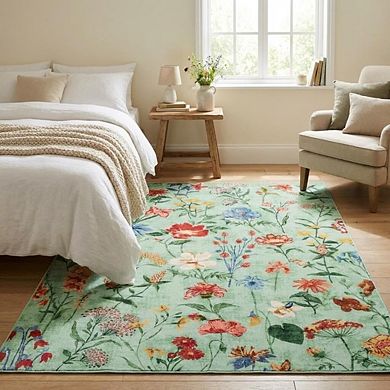 Vintage Floral Washable Rug, Low Pile Soft Non Slip Area Carpet