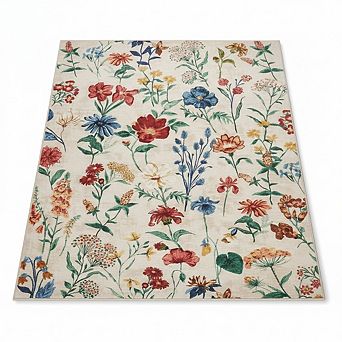 Vintage Floral Washable Rug, Low Pile Soft Non Slip Area Carpet