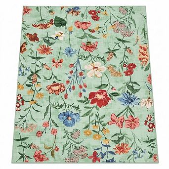 Vintage Floral Washable Rug, Low Pile Soft Non Slip Area Carpet