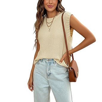 Women Sleeveless Knit Top Tie Back Crew Neck Open Back Cropped Sweater Vest