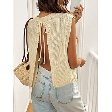 Women Sleeveless Knit Top Tie Back Crew Neck Open Back Cropped Sweater Vest