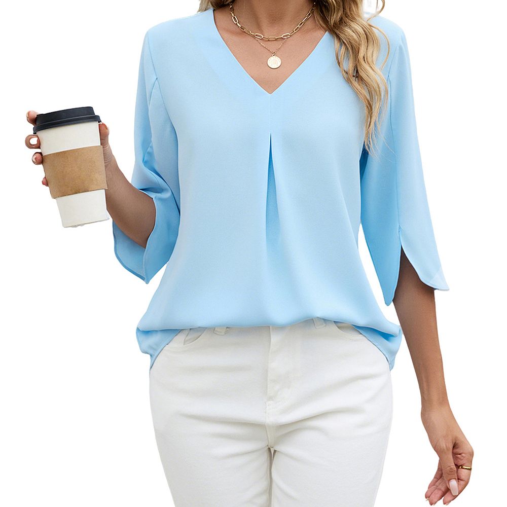 Women's V Neck Blouse 3/4 Sleeve Pleated Front Casual Loose Top