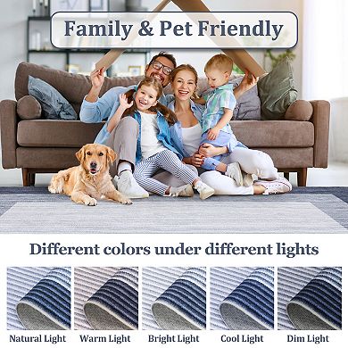 Modern Bordered Area Rug, Machine Washable Geometric Carpet, Soft Non-Slip Neutral Floor Mat