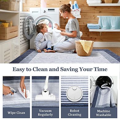 Modern Bordered Area Rug, Machine Washable Geometric Carpet, Soft Non-Slip Neutral Floor Mat