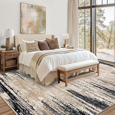 Washable Abstract Area Rug with Non-Slip Backing, Distressed Low Pile Mat for Living Room