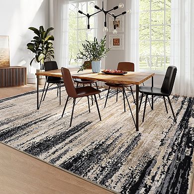 Washable Abstract Area Rug with Non-Slip Backing, Distressed Low Pile Mat for Living Room