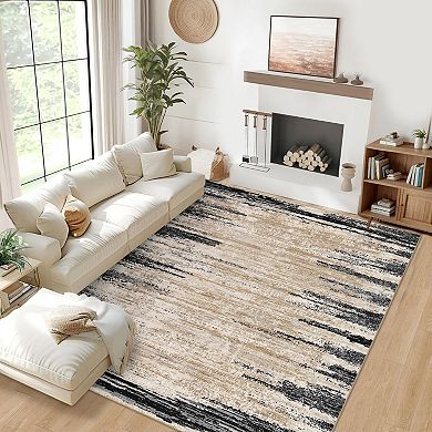 Washable Abstract Area Rug with Non-Slip Backing, Distressed Low Pile Mat for Living Room