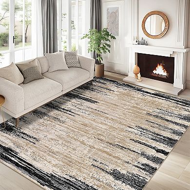 Washable Abstract Area Rug with Non-Slip Backing, Distressed Low Pile Mat for Living Room