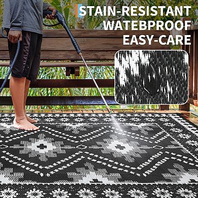 Waterproof Reversible Outdoor Rug Vintage Diamond Plastic Straw Mat Durable Easy Clean Carpet
